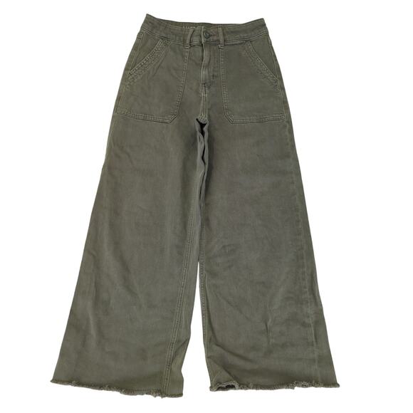 American Eagle Wide Leg Crop Jeans Military Green Stretch Women's 00 Raw Utility - Picture 1 of 8